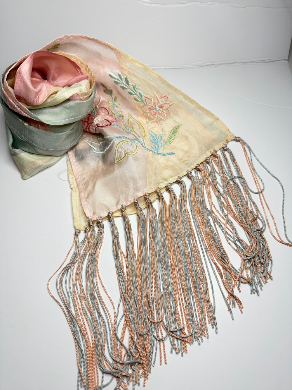 Ditsy Silk Embroidered Pastel Fringe Scarf - Multi pastel